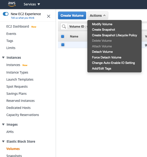 EBS(Elastic Block Store)의 Volumes에서 Actions를 선택하였을 때 화면